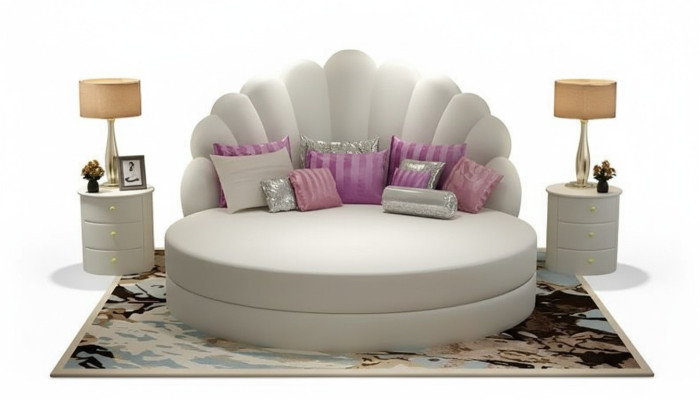 Elegant white round bed with velvety purple upholstery for modern bedroom