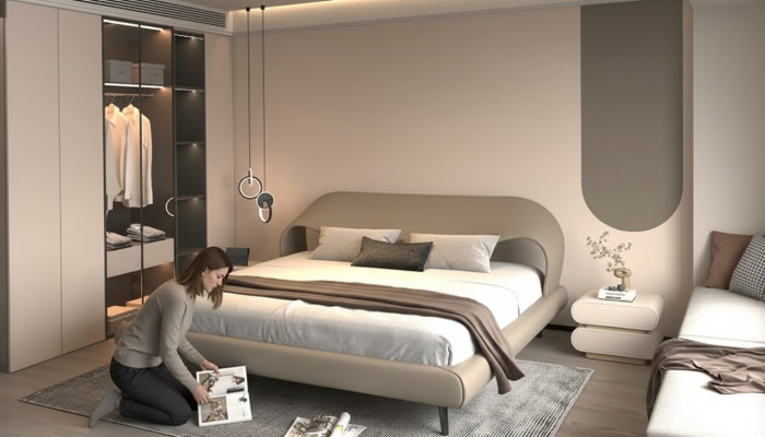 Elegant gray bed with minimalist and rounded design