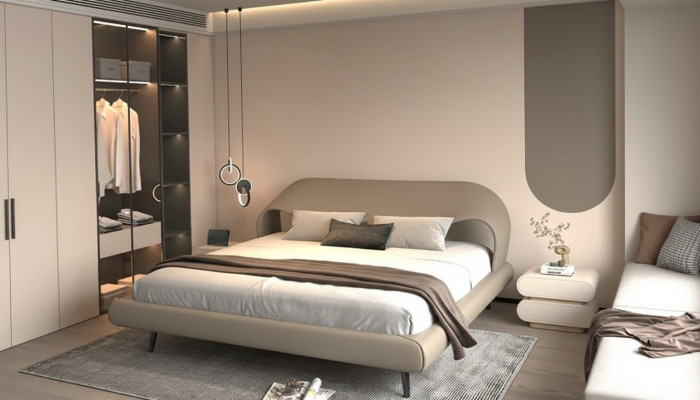Elegant gray bed with minimalist and rounded design