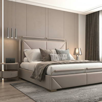 Luxury bed with modern design in beige color with gold details and elegant headboard