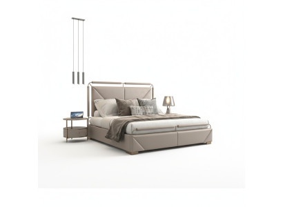 Luxury bed with modern design in beige color with gold details and elegant headboard