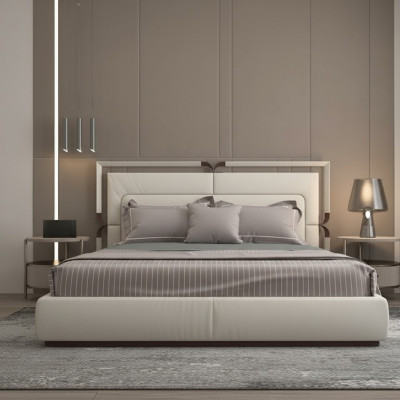 Modern luxury bed in beige with brown details and elegant headboard
