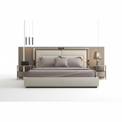 Modern luxury bed in beige with brown details and elegant headboard