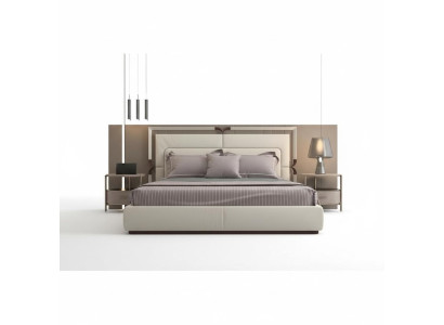 Modern luxury bed in beige with brown details and elegant headboard