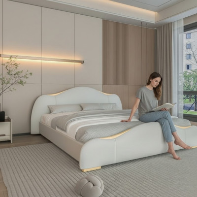 Modern gray bed with gold details and elegant headboard