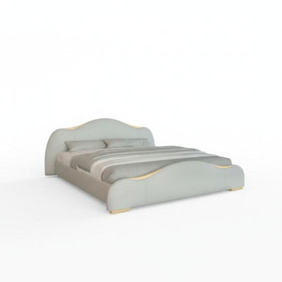 Modern gray bed with gold details and elegant headboard