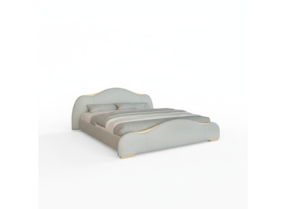 Modern gray bed with gold details and elegant headboard