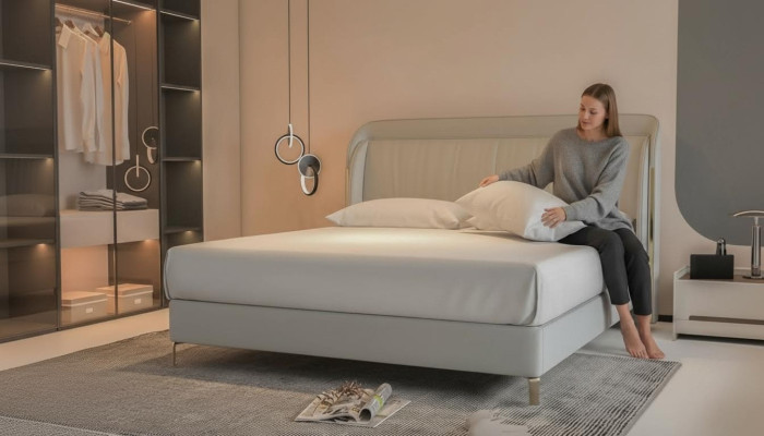 Modern luxury bed with elegant gold headboard in gray