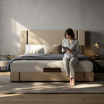 Modern luxury bed in beige color
