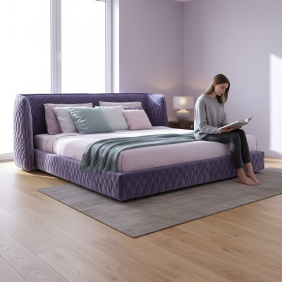 Modern blue velvet bed with elegant headboard