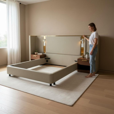 Luxury beige designer bed with LED lighting, gold frame, and modern headboard