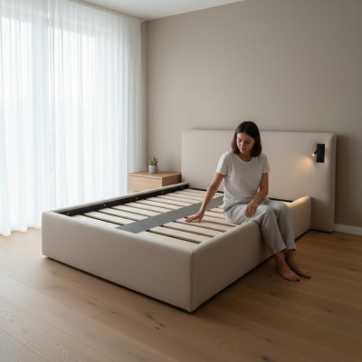 Modern style beige bed with LED lighting and luxury headboard