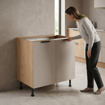 Mobile kitchen table with two doors under the countertop