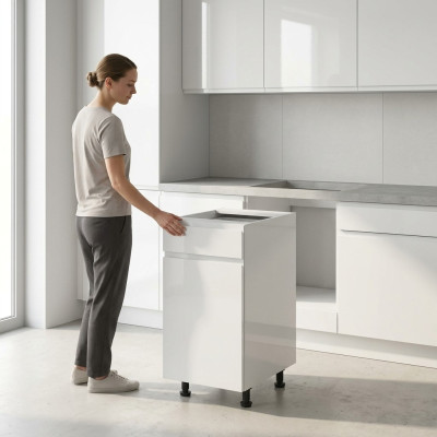 White kitchen with drawers and legs