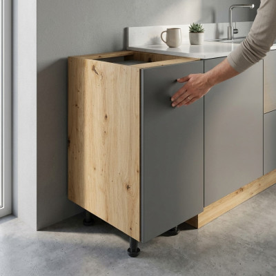 Mobile kitchen with work surface, gray kitchen cabinet