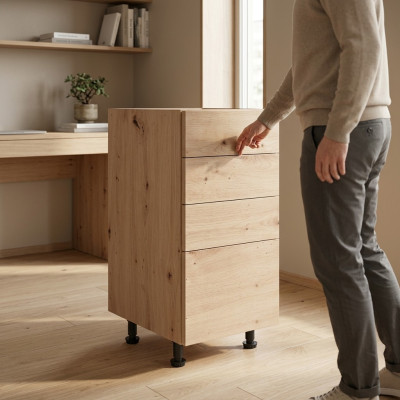 Nightstand under and in front of the kitchen