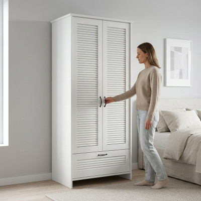 White textile wardrobe with drawer and clothing door