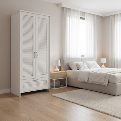 White textile wardrobe with drawer and clothing door