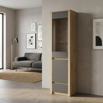 Glass display cabinet with glass doors, glass shelves, and drawer