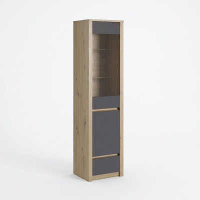 Glass display cabinet with glass doors, glass shelves, and drawer