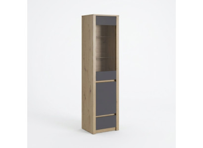 Glass display cabinet with glass doors, glass shelves, and drawer