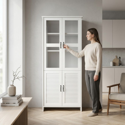 Modern white MDF display cabinet with glass