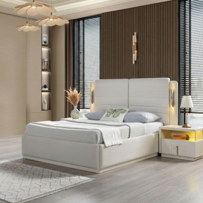Elegant bed with upholstery and 3 nightstands, 3-piece set