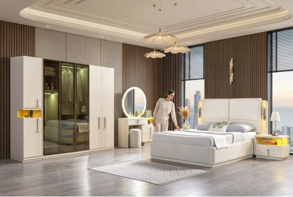 Modern bedroom furniture set bed wardrobe nightstand