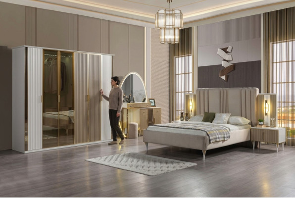 Modern bed set with 6 pieces including nightstand