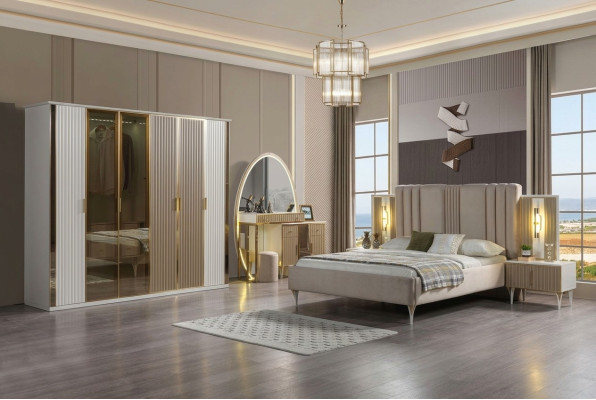 Modern bed set with 6 pieces including nightstand
