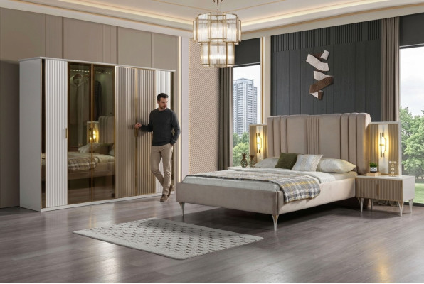 Bedroom furniture set with bed, 2 nightstands, and modern wardrobe, 4 pieces