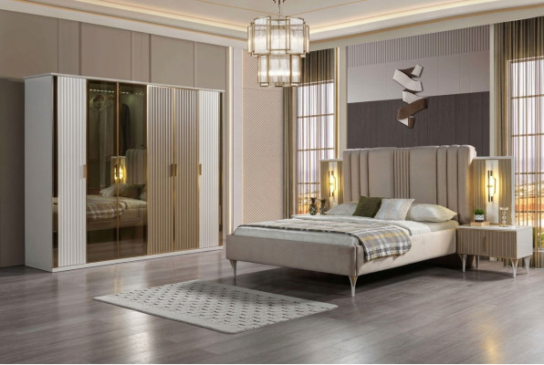 Bedroom furniture set with bed, 2 nightstands, and modern wardrobe, 4 pieces