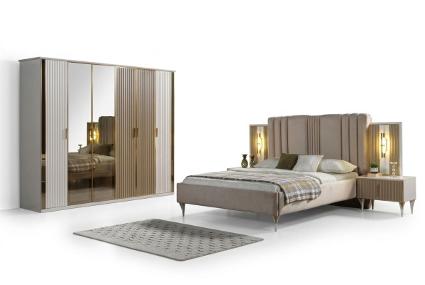 Bedroom furniture set with bed, 2 nightstands, and modern wardrobe, 4 pieces