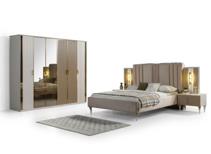 Bedroom furniture set with bed, 2 nightstands, and modern wardrobe, 4 pieces
