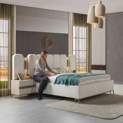 Upholstered bed for the bedroom, 3-piece set with 2 nightstands