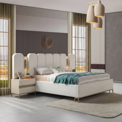 Upholstered bed for the bedroom, 3-piece set with 2 nightstands