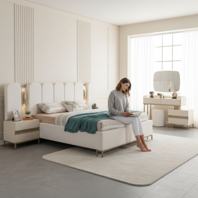 Perfect bedroom furniture set, which includes a chest of drawers, a mirror, a bed, and nightstands