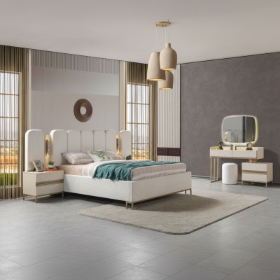 Perfect bedroom furniture set, which includes a chest of drawers, a mirror, a bed, and nightstands