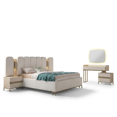 Perfect bedroom furniture set, which includes a chest of drawers, a mirror, a bed, and nightstands