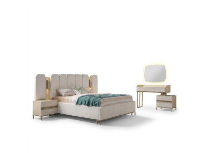 Perfect bedroom furniture set, which includes a chest of drawers, a mirror, a bed, and nightstands