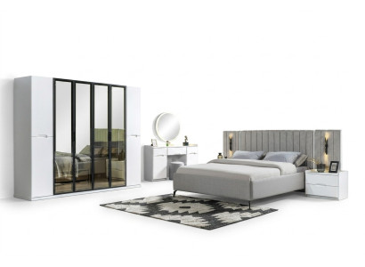 Four-piece bedroom furniture set bed, wardrobe, nightstand, wood 6 pieces