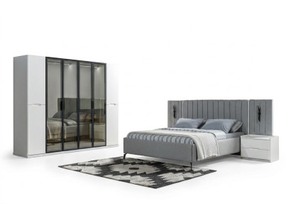 Four-piece bedroom furniture set bed, wardrobe, nightstand made of wood