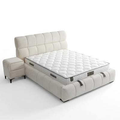 Elegant blue bed made of fabric and wood with mattress