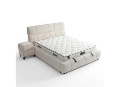 Elegant blue bed made of fabric and wood with mattress