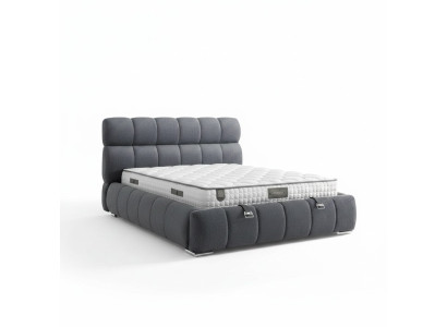 Modern blue bed made of fabric and wood with mattress