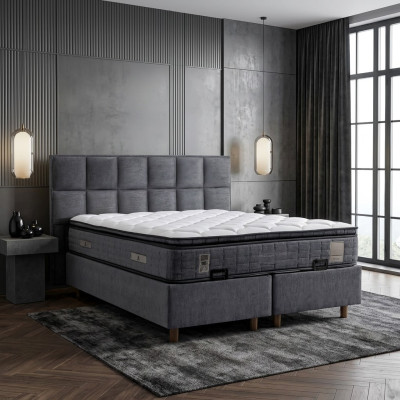 Modern gray bed made of fabric and wood with mattress