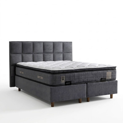 Modern gray bed made of fabric and wood with mattress