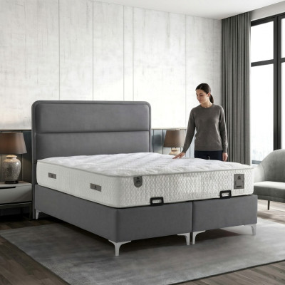 Modern gray bed with fabric and wooden mattress