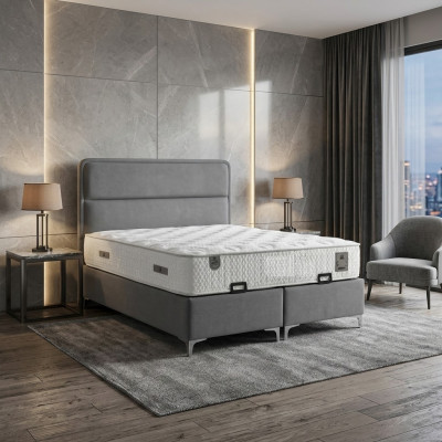 Modern gray bed with fabric and wooden mattress
