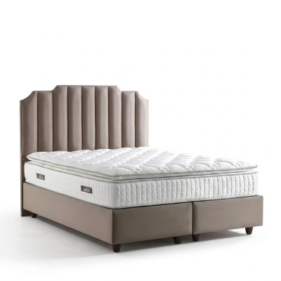 Elegant bed with modern beige fabric mattress